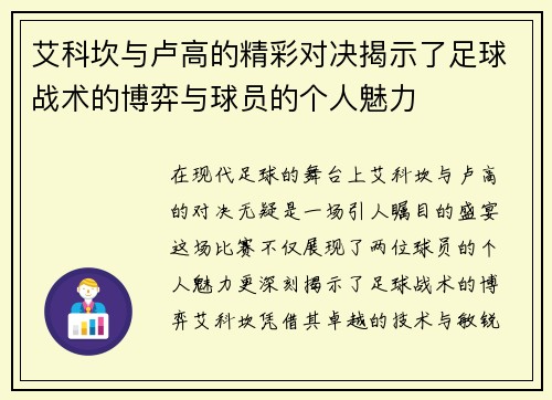 艾科坎与卢高的精彩对决揭示了足球战术的博弈与球员的个人魅力
