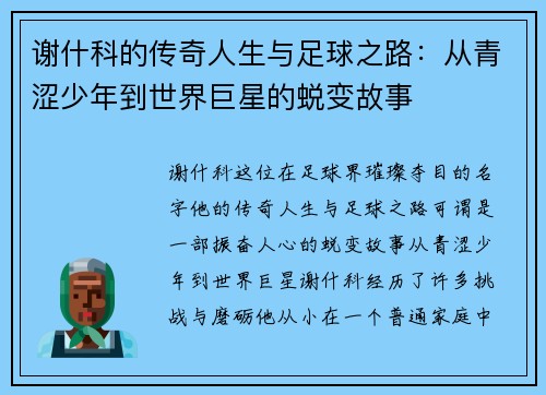 谢什科的传奇人生与足球之路：从青涩少年到世界巨星的蜕变故事